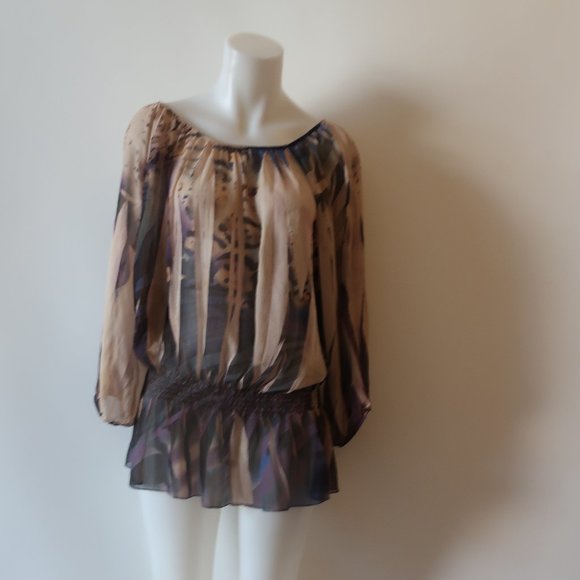 WOMENS AMORE COUTURE TAUPE PLUM SEMI SHEER PEASANT TOP L * - Picture 1 of 10